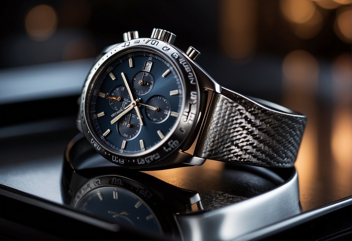A sleek Tag Heuer watch displayed with promotional signage in a luxurious setting