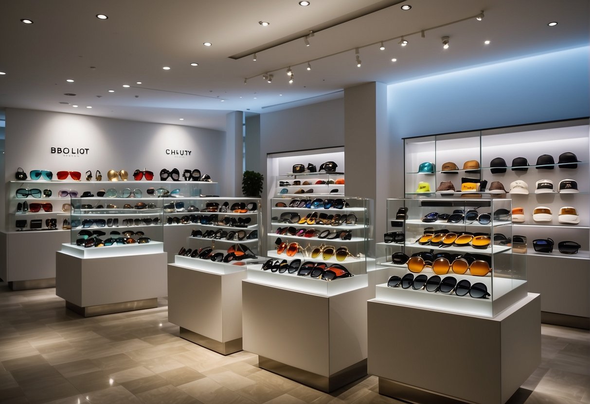 A vibrant display of sunglasses in a sleek Sunglass Hut store, with bold signage promoting the latest promotions in Singapore