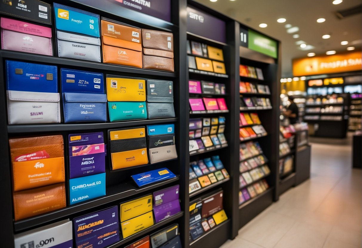 A colorful display of wallet promotions at a shop in Singapore. Bright signage and attractive deals draw in customers