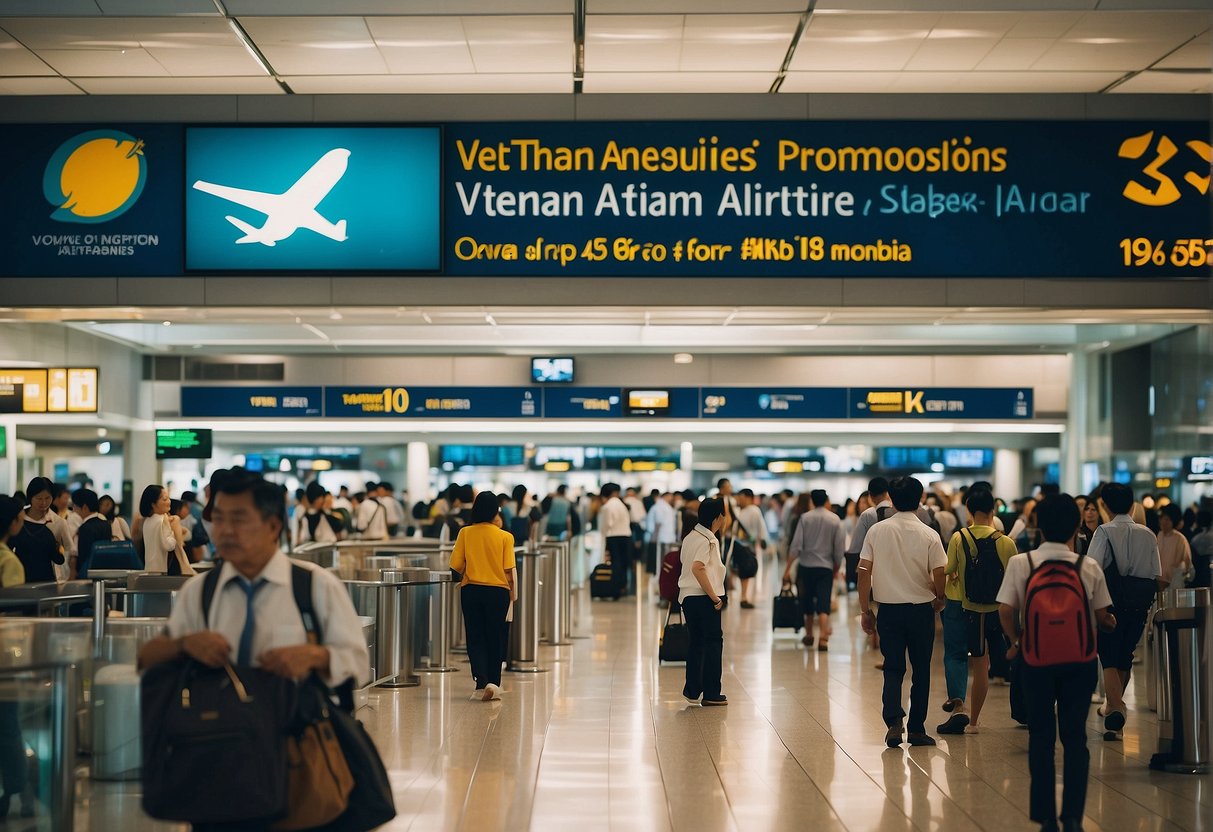 A bustling airport terminal with a prominent "Vietnam Airlines Promotions" sign in Singapore. Crowds of travelers and airline staff