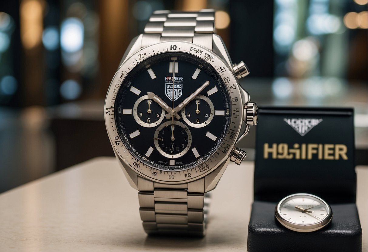 A sleek Tag Heuer watch displayed on a modern store counter, surrounded by elegant promotional materials and signage in a bustling Singapore shopping district