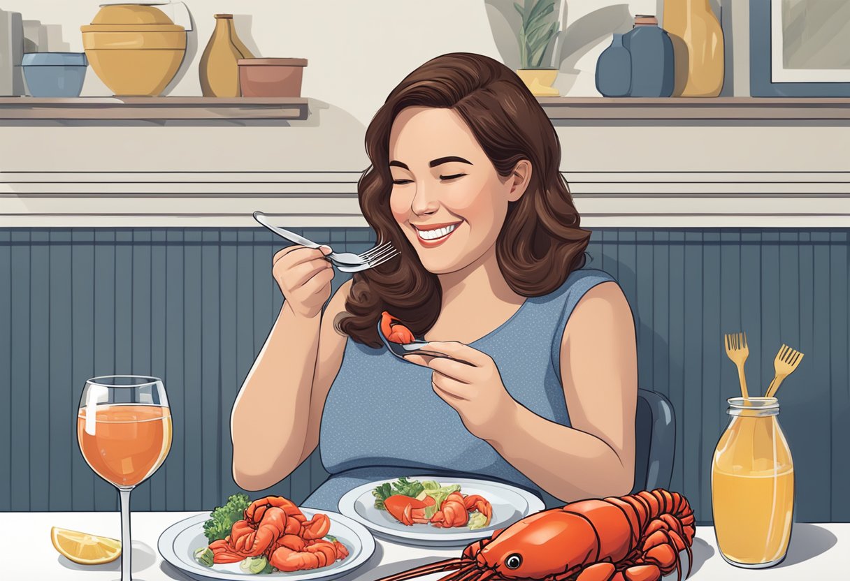 A pregnant woman sitting at a table, holding a fork and smiling while eating lobster