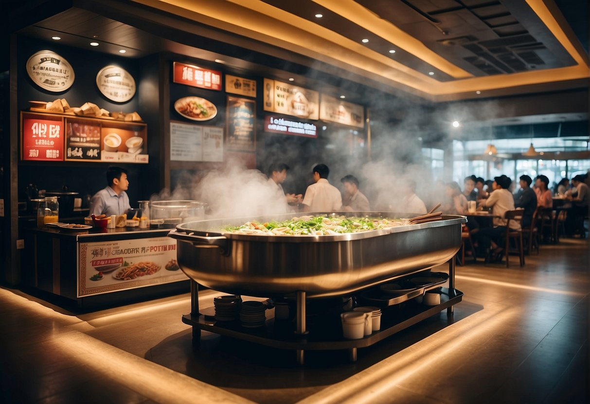 A steamboat surrounded by promotional banners in Singapore. Tables filled with customers enjoying the hotpot