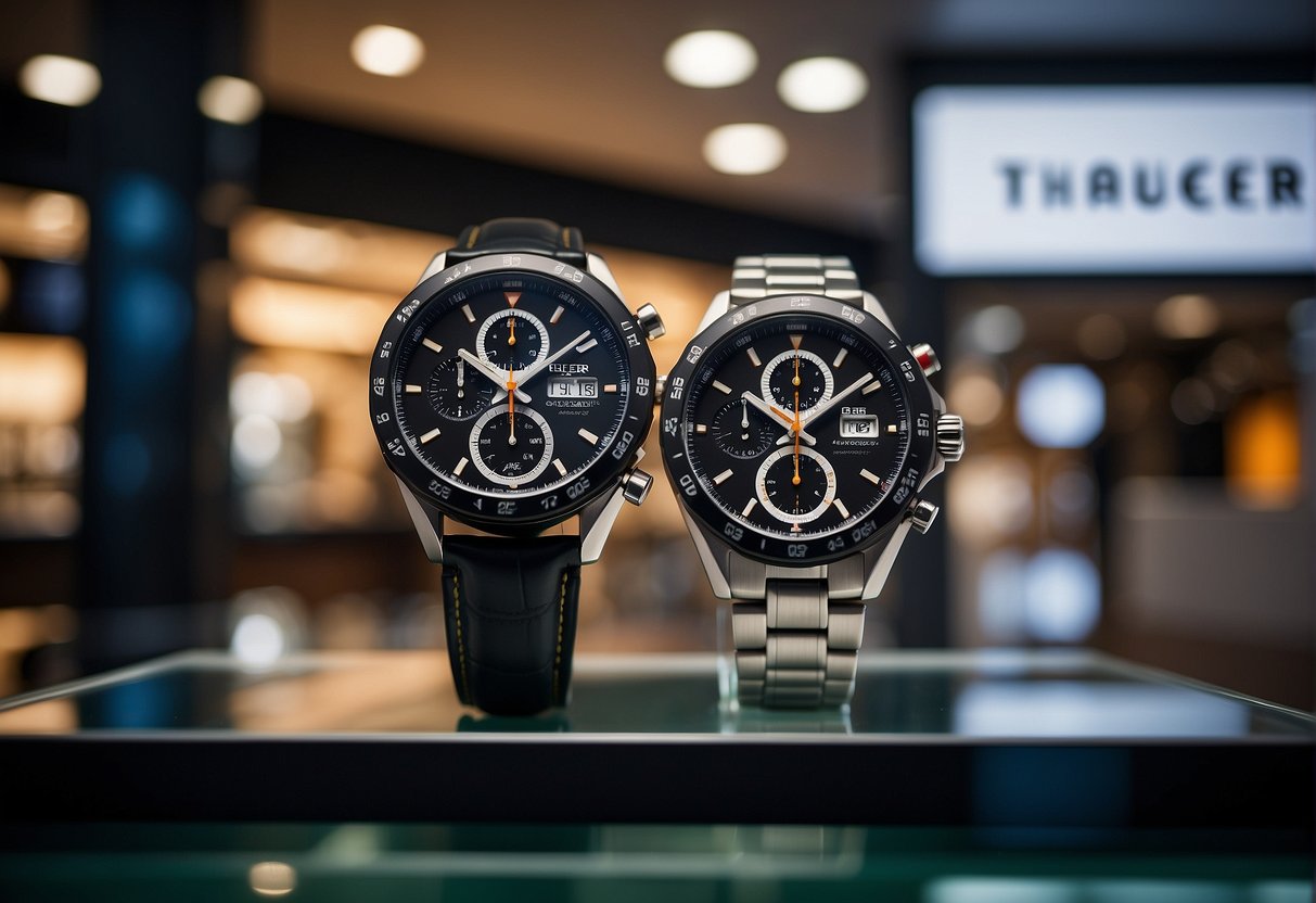 A sleek and modern display of Tag Heuer watches with promotional signage in a bustling Singapore storefront