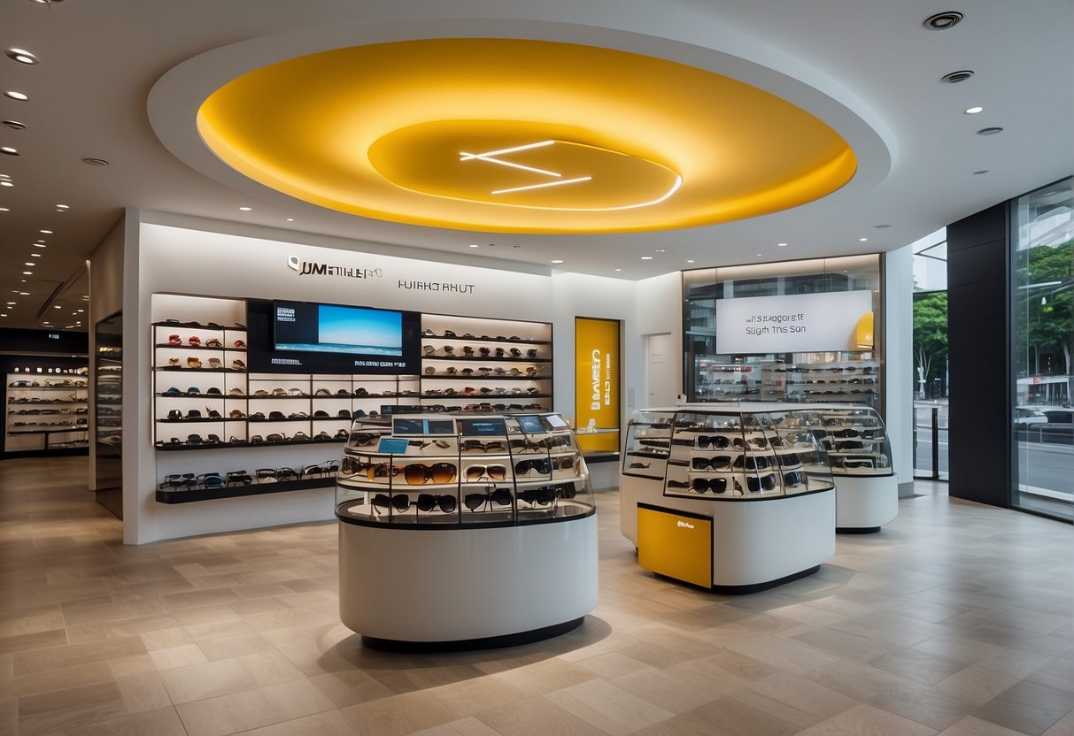 A bright, modern Sunglass Hut store in Singapore, with a large promotional display featuring the latest sunglasses and a sign advertising ongoing promotions