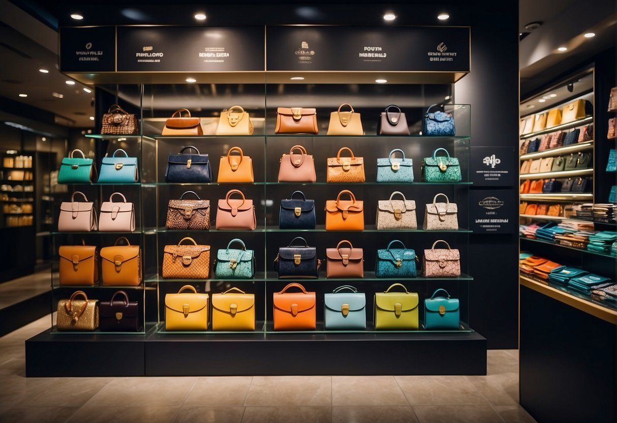 A colorful wallet shop in Singapore displays various promotions and store information