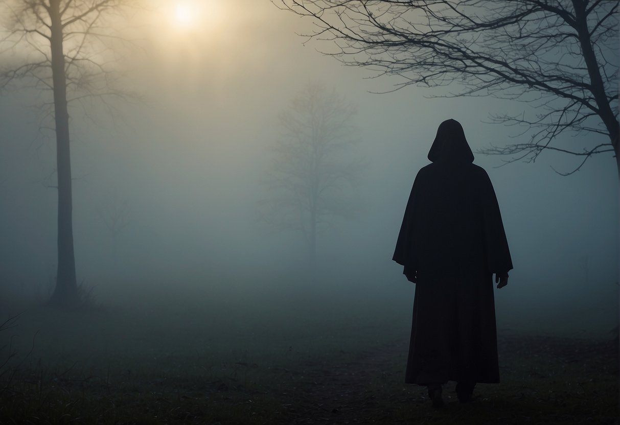A shadowy figure emerges from the mist, its eyes glowing with an otherworldly power. The eerie aura surrounding it hints at the immense strength it possesses