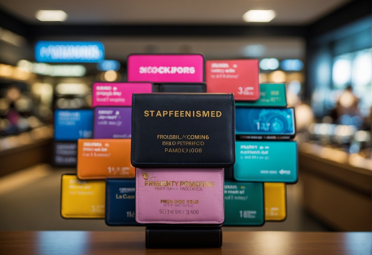 A colorful display of wallet promotions in a Singapore shop, with prominent "Frequently Asked Questions" signage