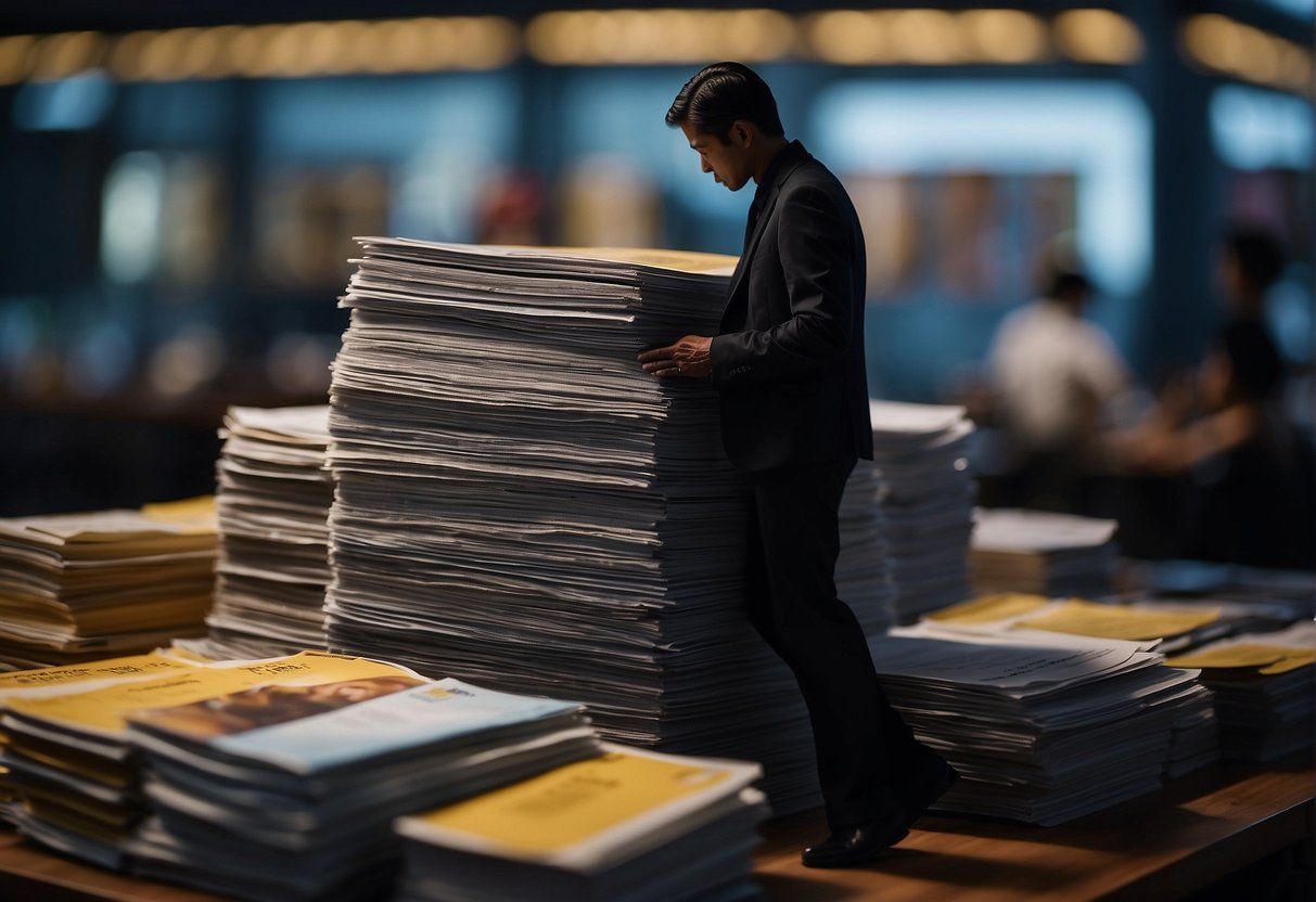 A shadowy figure looms over a stack of promotional materials, surrounded by a flurry of questions and activity in Singapore