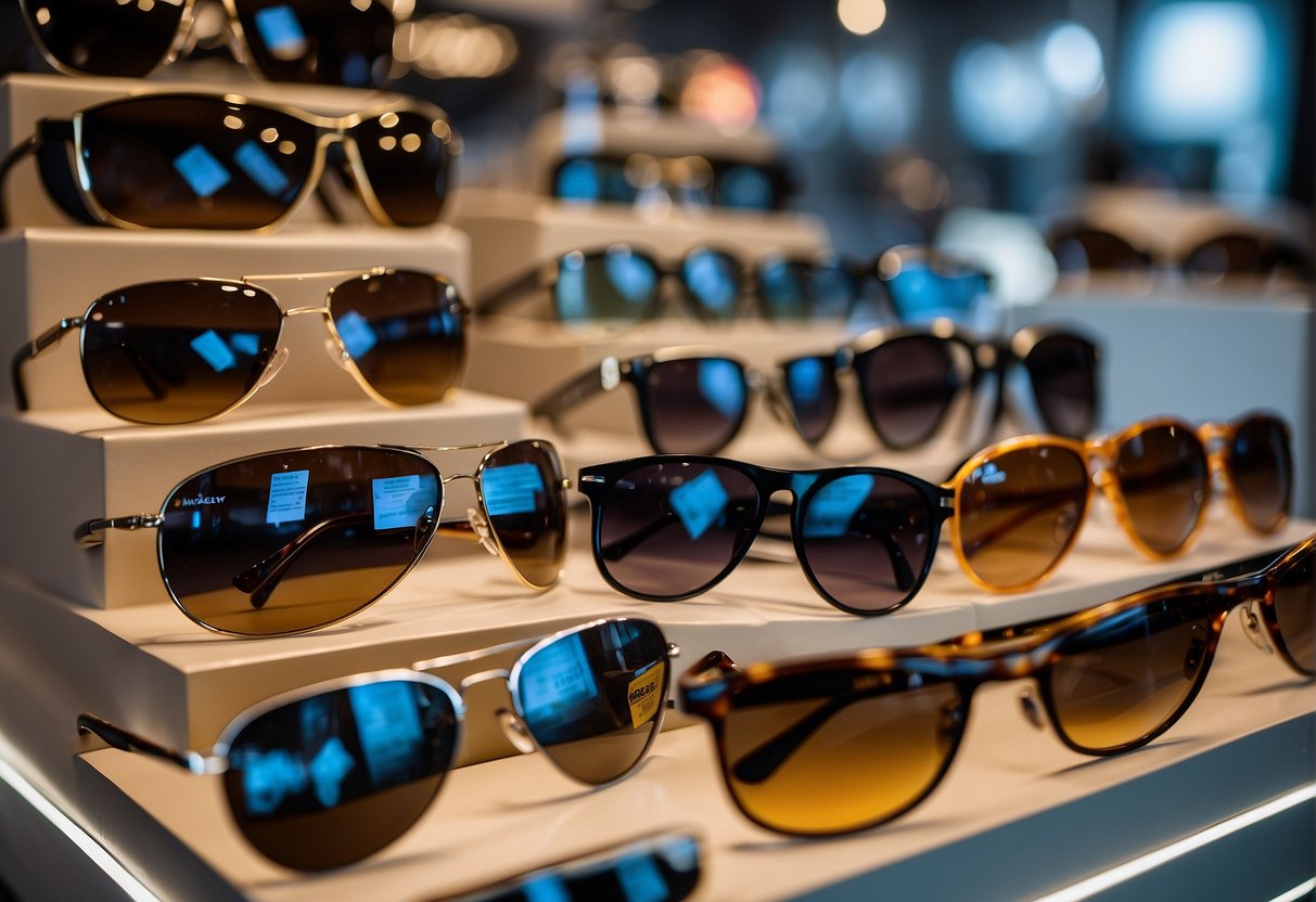 A display of various sunglasses with promotional signs at Sunglass Hut in Singapore