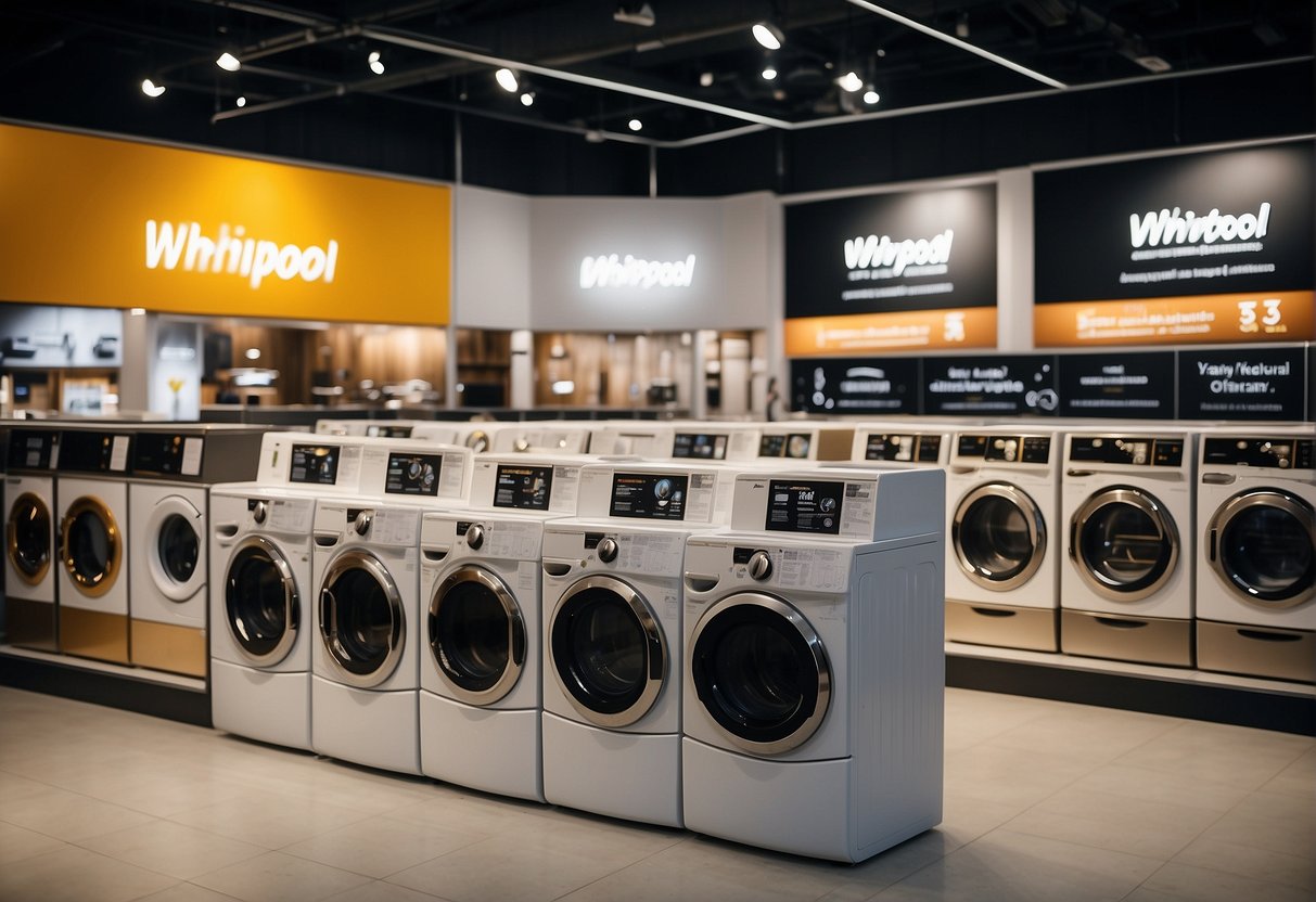A banner displaying "Latest Promotions on Whirlpool Laundry Appliances" with various models of washers and dryers on display