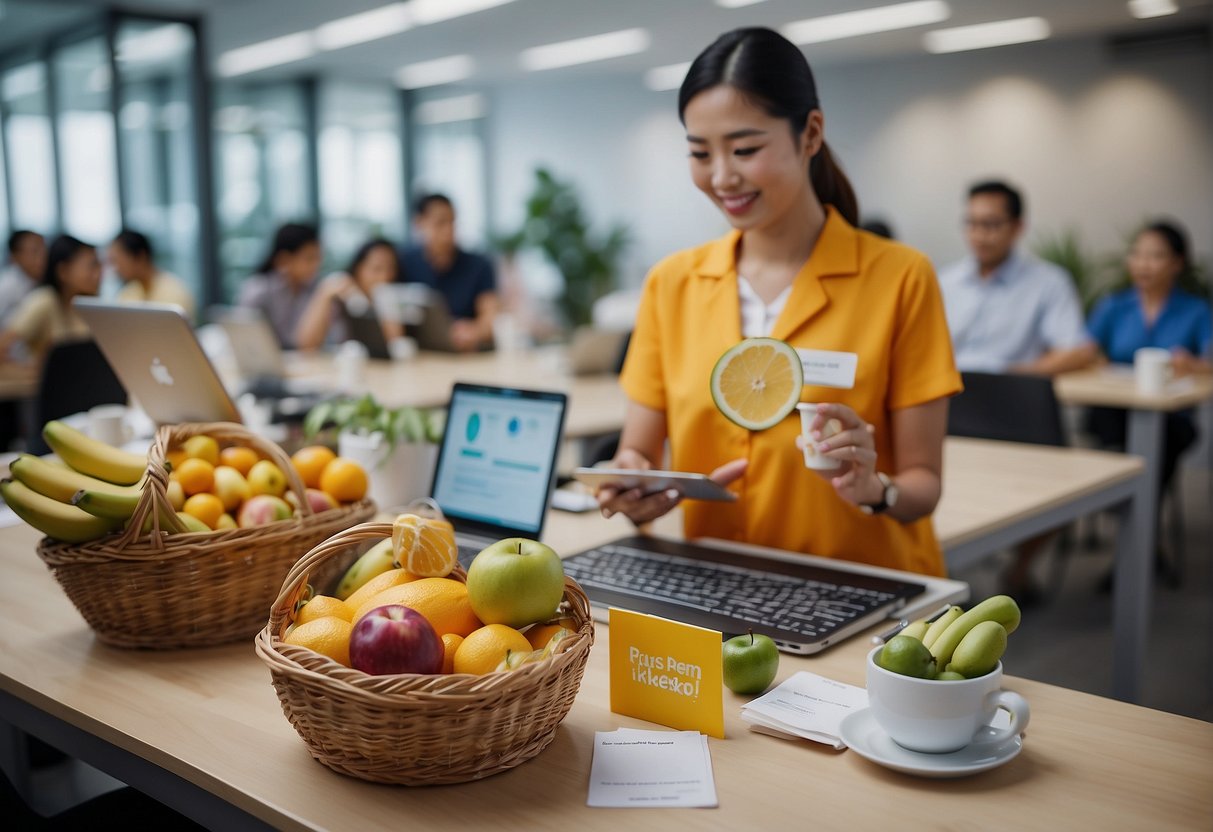 A vibrant workplace in Singapore with posters promoting health and wellness, a fruit basket on a table, and employees engaging in physical activities