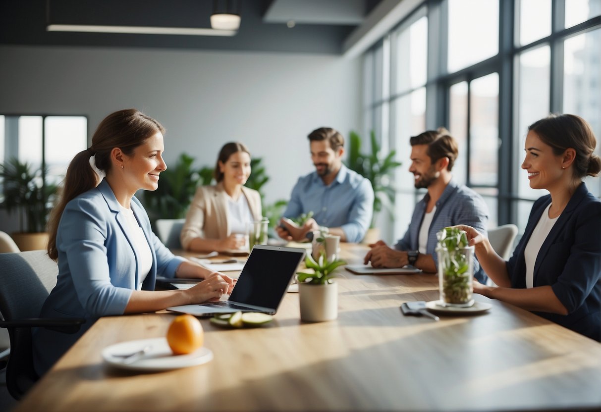 Employees in a bright, modern office engage in wellness activities like yoga and meditation. A healthy snack bar and standing desks promote physical health