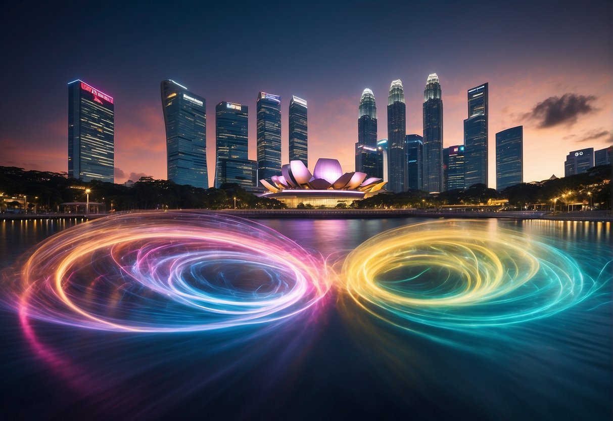 A colorful whirlpool of frequently asked questions surrounds the iconic landmarks of Singapore, with vibrant text and arrows swirling into the center