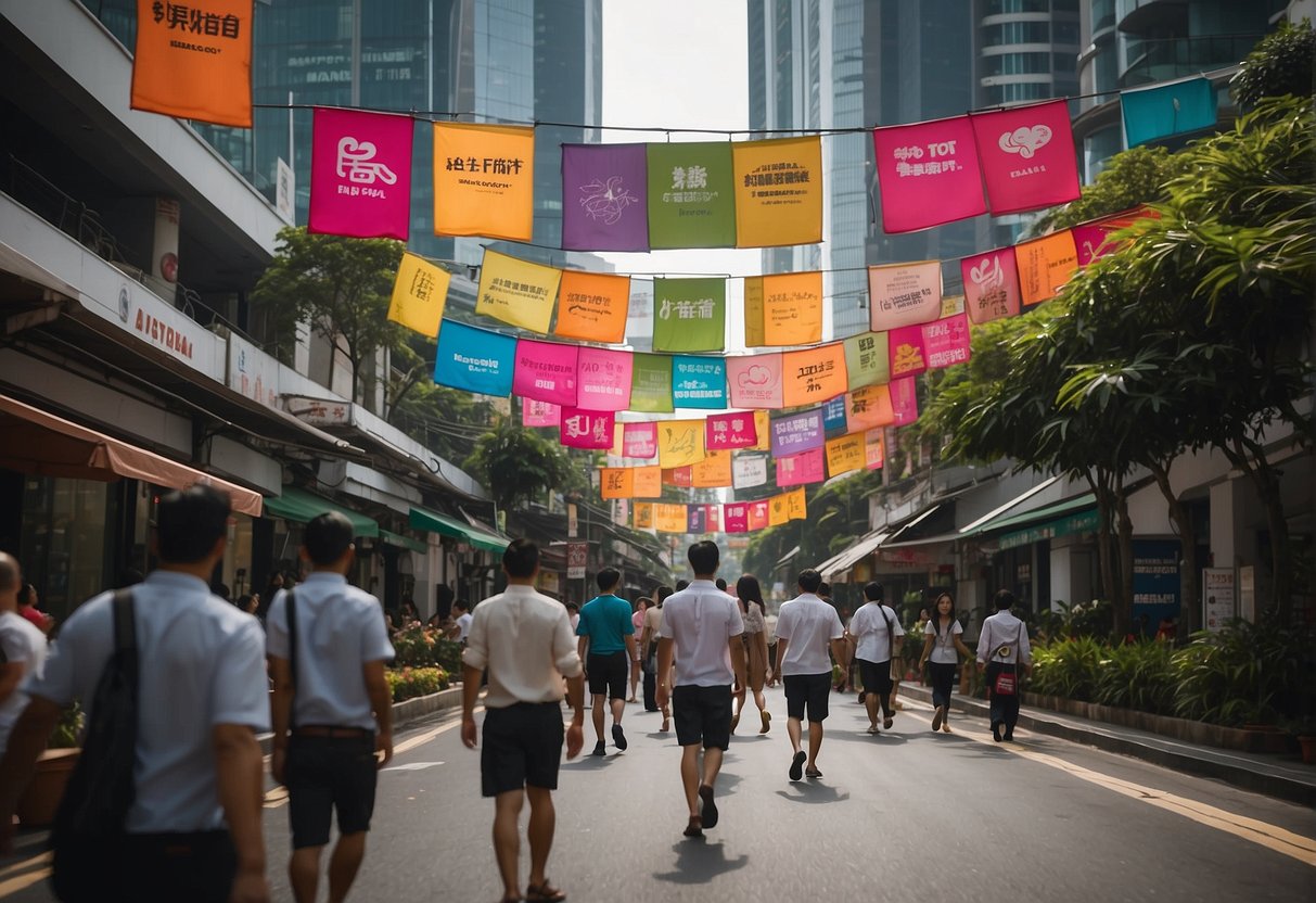 A vibrant street in Singapore, with colorful banners and signs promoting MealPal deals. People walk by, glancing at the enticing offers