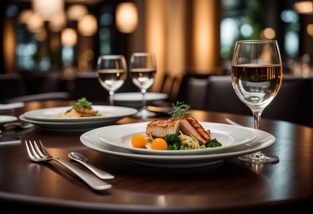 A table set with elegant dinnerware and a menu displaying "Exclusive Dining Promotions" and "mealpal promotions Singapore" at a classy restaurant