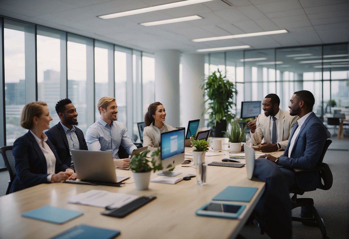 Employees gather in a bright, modern office space. A diverse group collaborates on health initiatives. Posters and interactive displays promote wellness