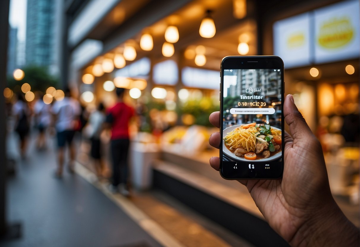 A smartphone displaying Tech-Savvy Meal Deals app with various food promotions in a bustling Singapore street scene