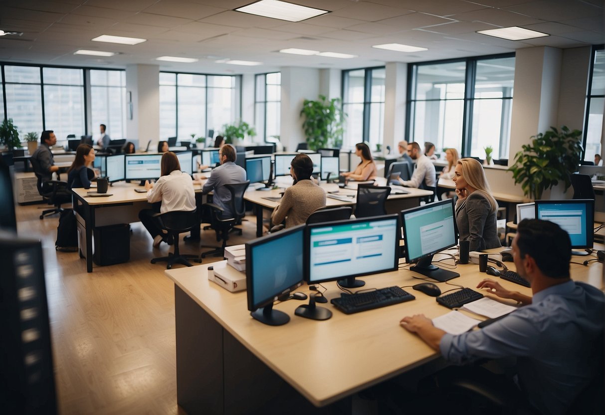 A bustling office environment with employees engaging in health promotion activities such as exercise, healthy eating, and wellness workshops