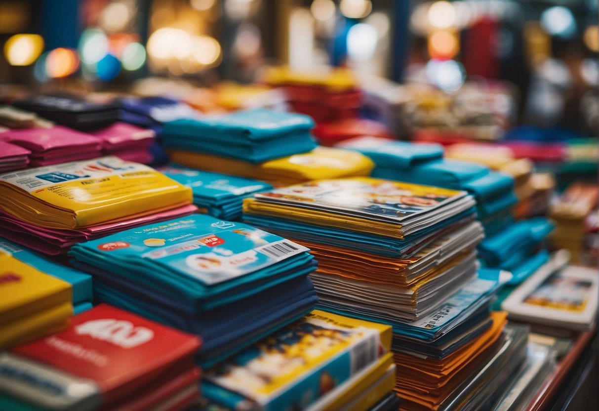 A colorful array of promotional materials and merchandise are displayed in a vibrant and bustling Singaporean marketplace