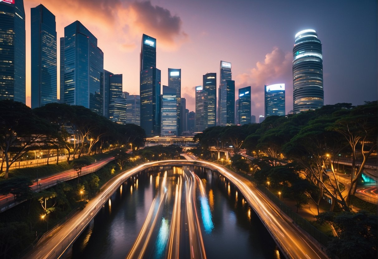 A vibrant cityscape in Singapore with prominent YuppTV promotions displayed on billboards and screens. The skyline is illuminated with colorful lights, showcasing the bustling urban atmosphere