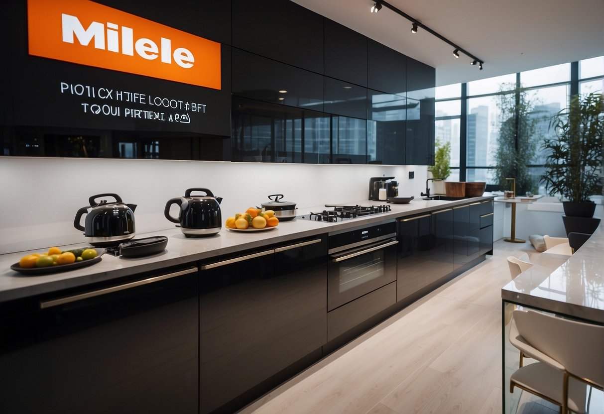A sleek Miele appliance display with vibrant promotional signage and attractive discounts