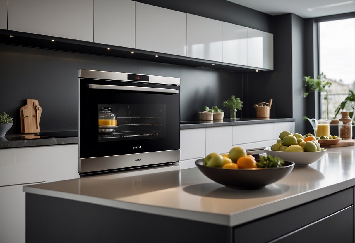A sleek Miele appliance on a clean, modern kitchen countertop with a bold "Why Choose Miele?" banner in the background