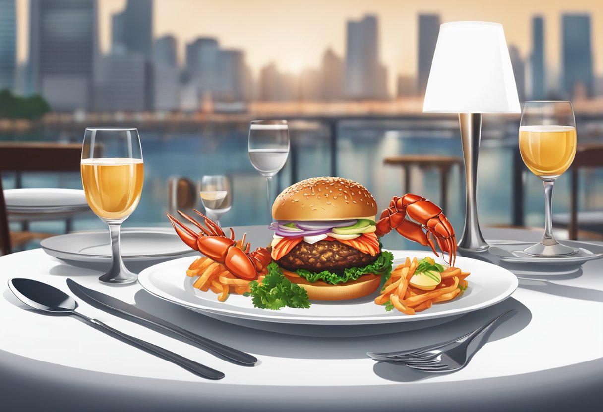 A table set with a gourmet burger and a whole lobster, surrounded by elegant cutlery and a menu, in a modern, upscale restaurant setting