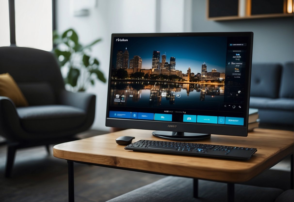 A sleek laptop, high-speed internet router, and a large flat-screen TV with a streaming device connected, all surrounded by comfortable seating and ambient lighting