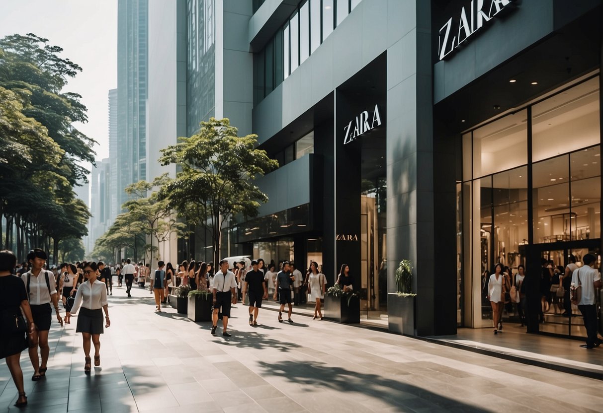 A vibrant Zara storefront in Singapore with bold promotional signage and bustling crowds