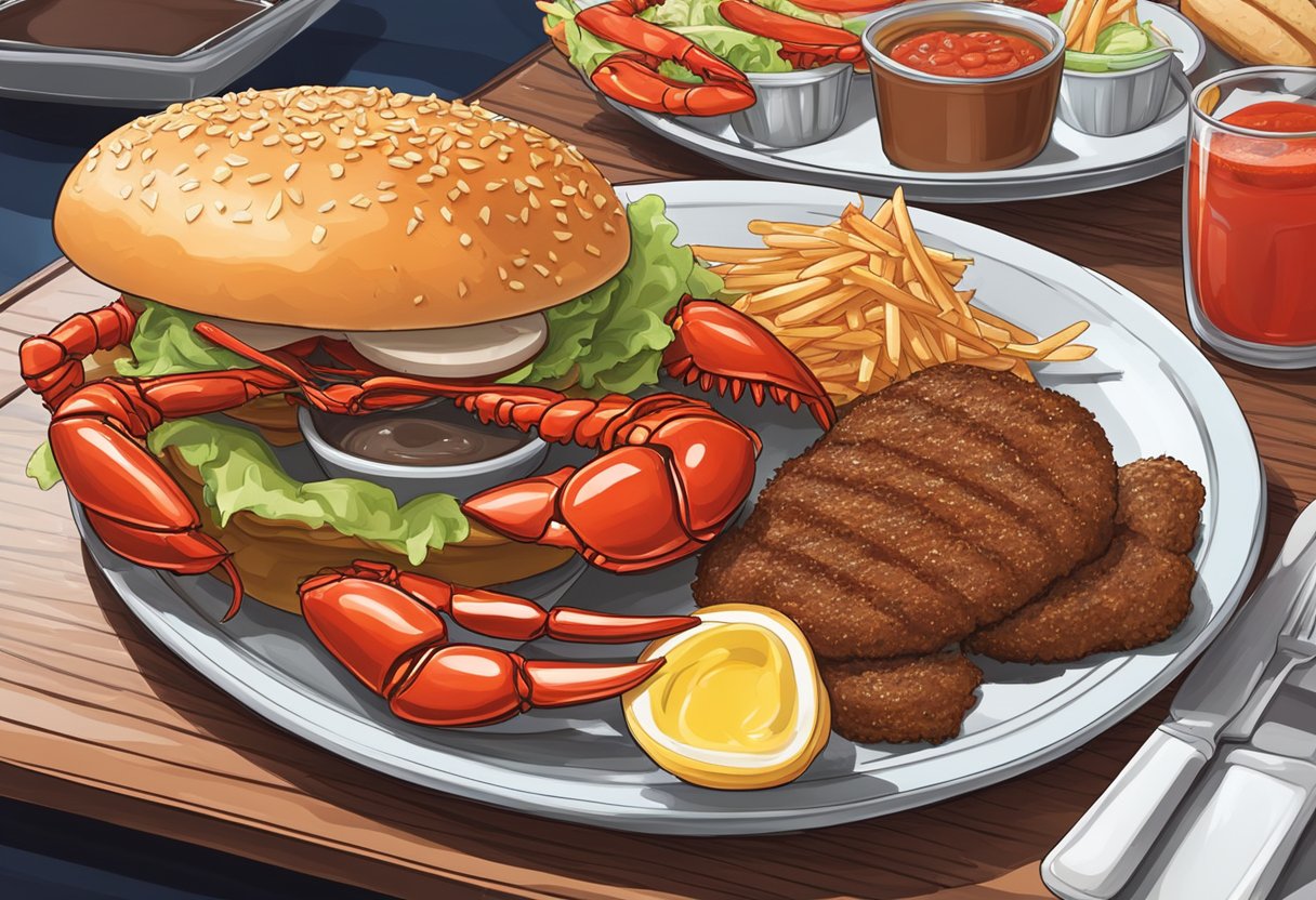 A red lobster and a juicy burger on a plate, with a backdrop of a bustling Malaysian restaurant
