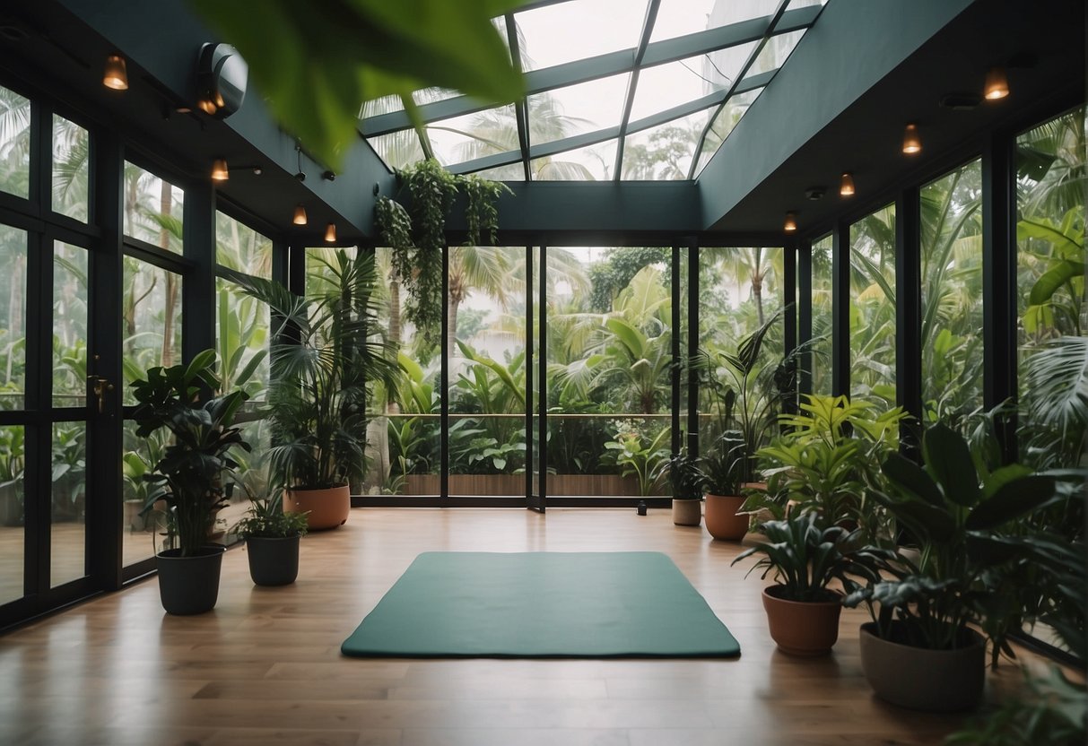 A serene yoga studio in Singapore, with lush greenery, calming music, and a peaceful ambiance