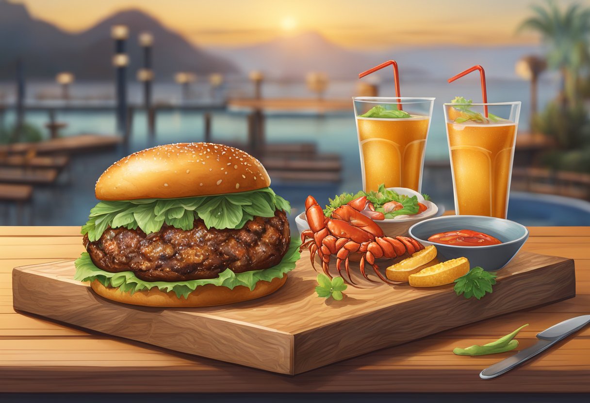 A sizzling burger and succulent lobster sit on a wooden serving board at Culinary Delights