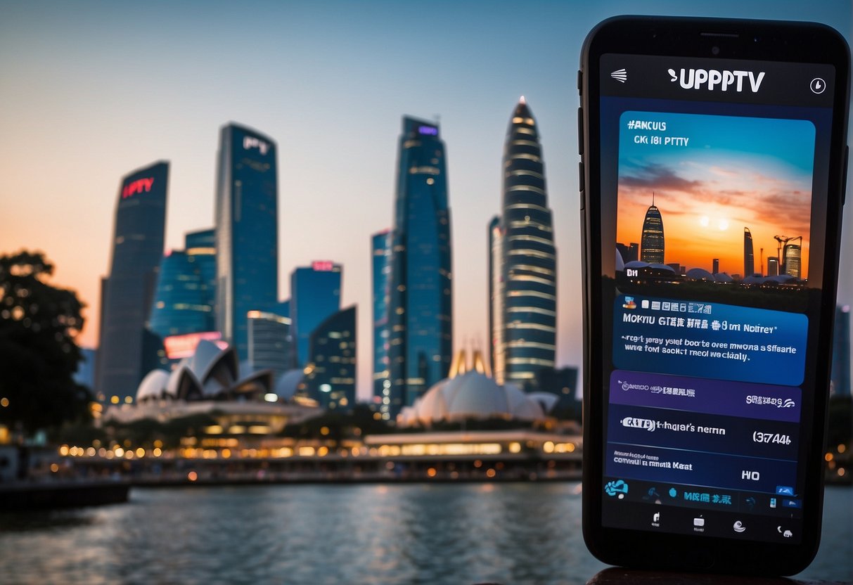 A digital screen displaying "Frequently Asked Questions" with the Yupptv logo and promotional details, set against a backdrop of iconic Singapore landmarks