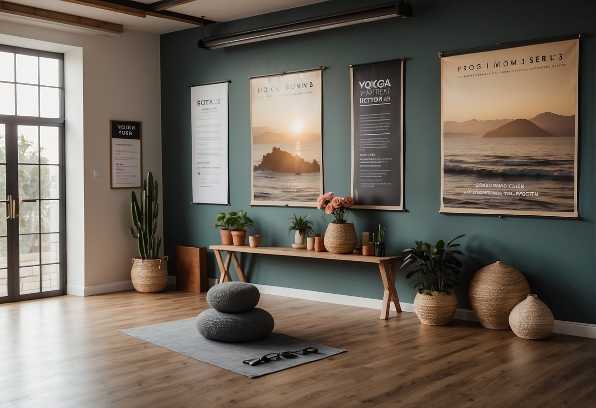 A serene yoga studio with promotional banners and flyers displayed