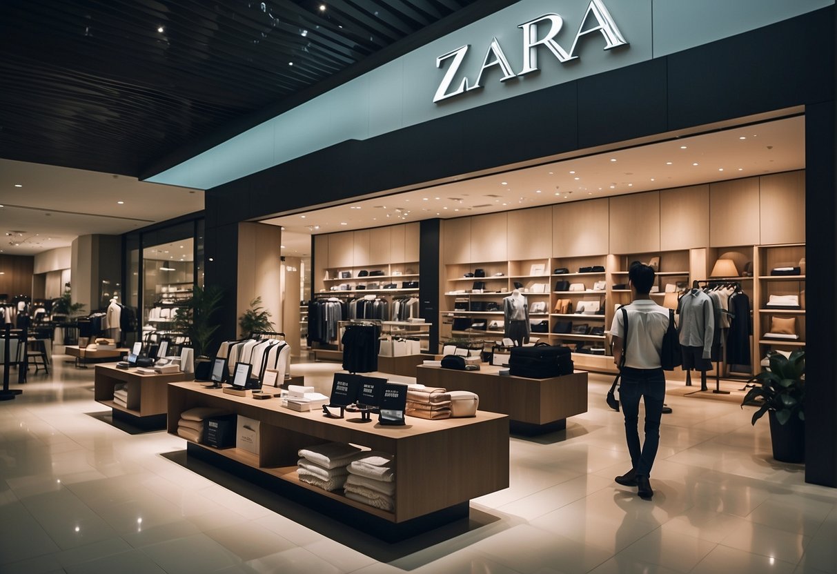 A bustling Zara store in Singapore, with promotional displays and customers browsing