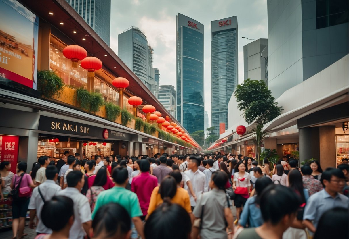 A bustling Singapore street with SK-II promotions displayed in bright, eye-catching colors, surrounded by eager shoppers and a vibrant city backdrop