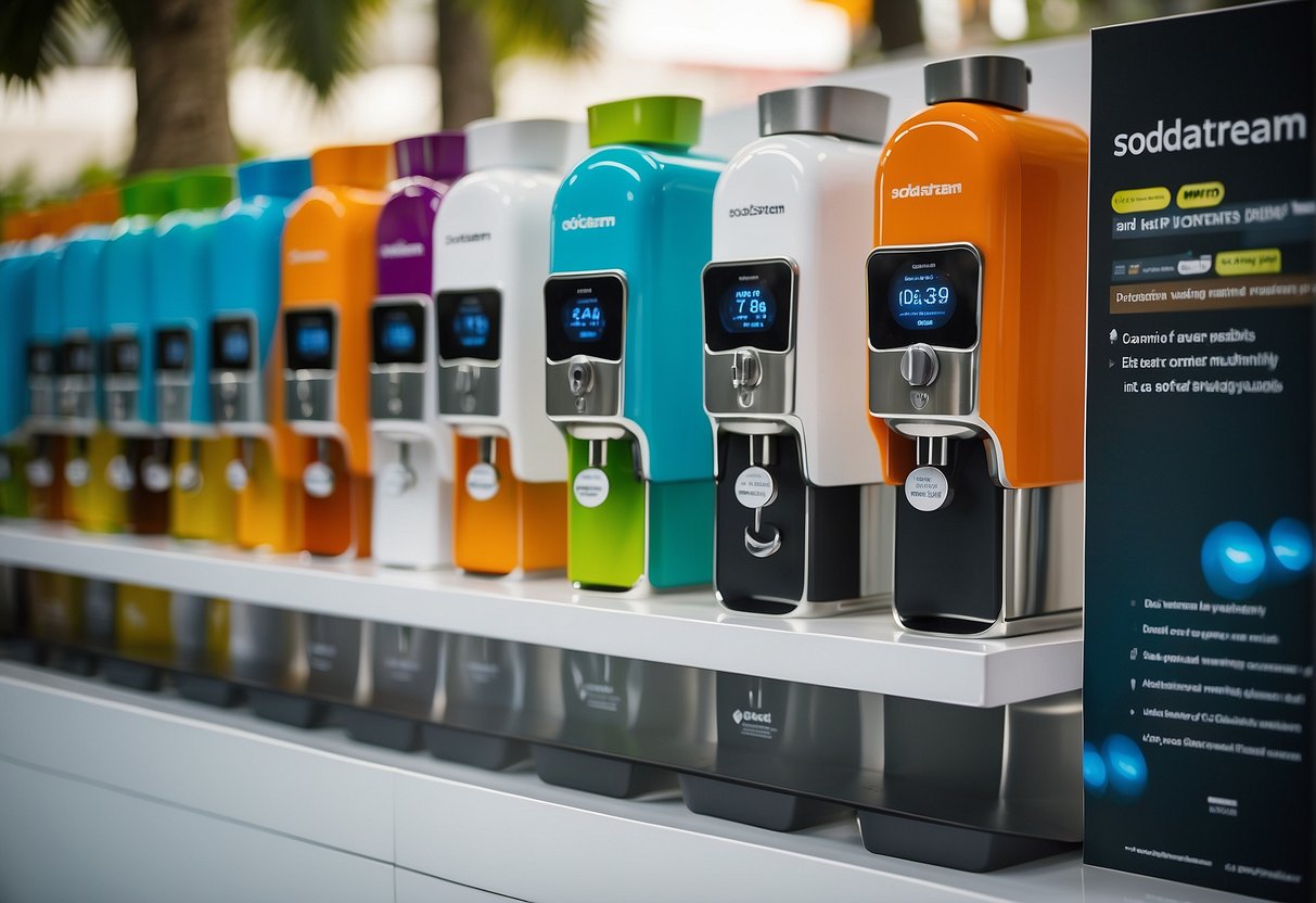 A display of Sodastream machines and flavors at a busy promotional event in Singapore