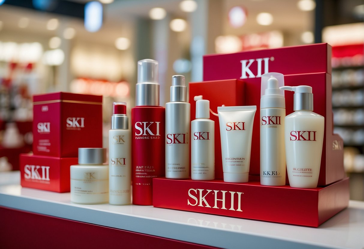A vibrant display of SK-II products with "Spring Spectacular Sale" signage in a bustling Singapore storefront