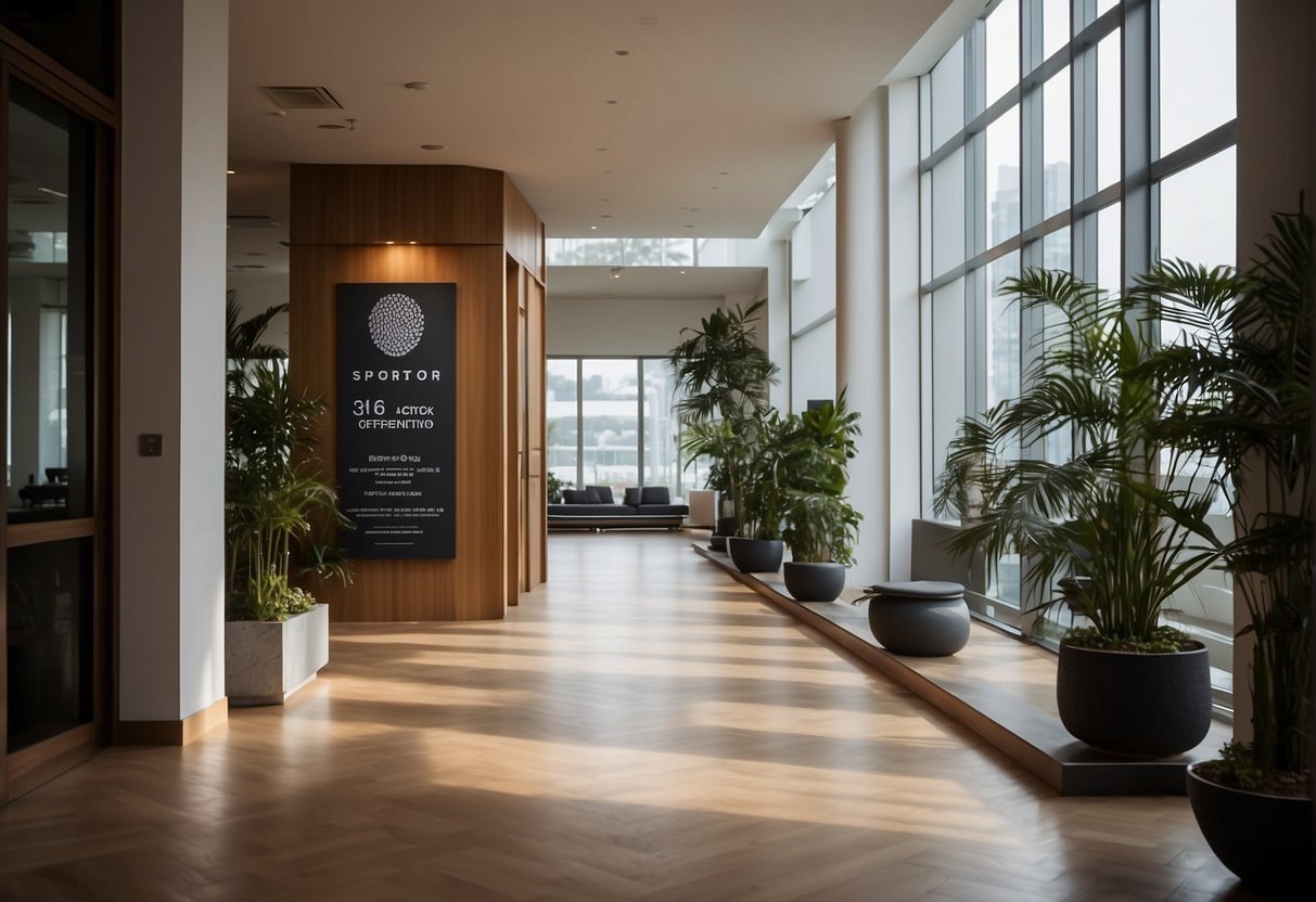A serene yoga studio with a sign advertising exclusive member offers in Singapore. Peaceful ambiance and promotional materials visible