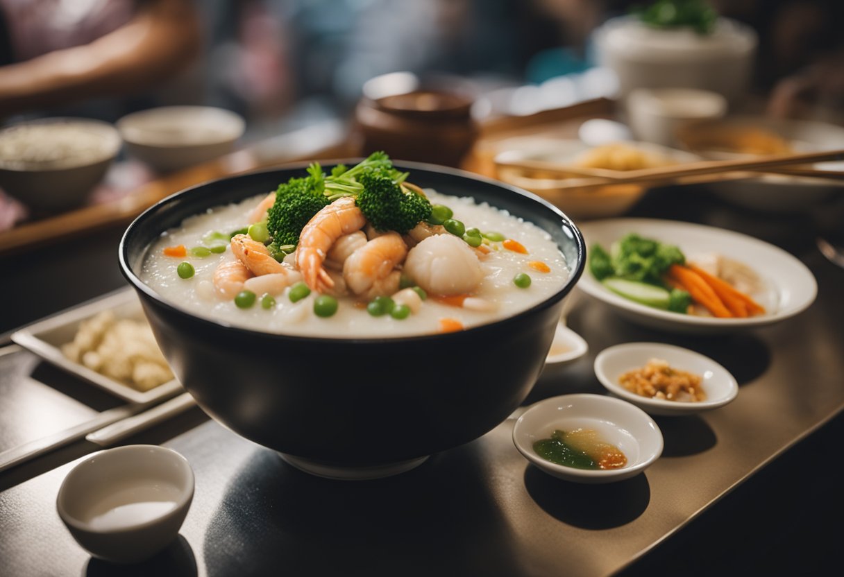 A steaming bowl of Cantonese seafood congee sits on a table in a bustling Singapore hawker center, surrounded by colorful ingredients and chopsticks