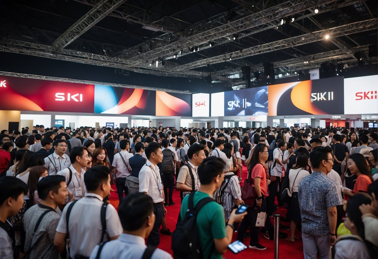 Bright lights illuminate a bustling tech expo in Singapore, showcasing the latest SK II promotions. Stalls are filled with sleek gadgets and eager attendees