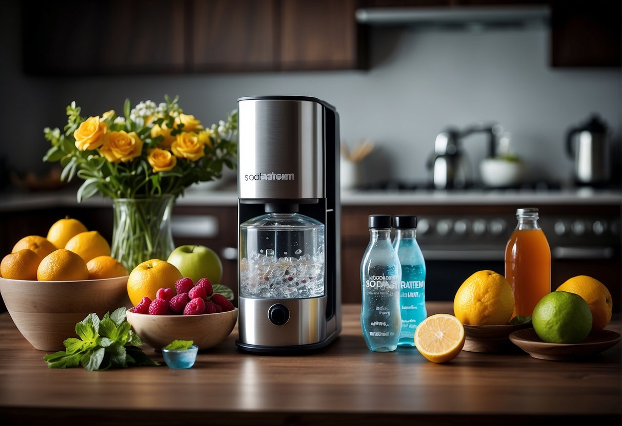 A sparkling water maker sits on a kitchen counter, surrounded by various flavored syrups and fresh fruits. A promotional banner for Sodastream in Singapore hangs in the background