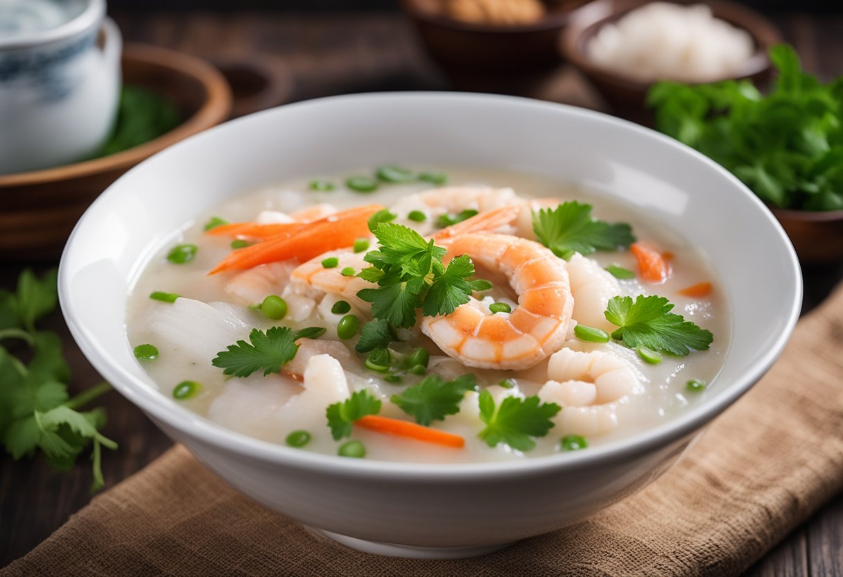 A steaming bowl of Cantonese seafood congee, garnished with fresh herbs and slices of tender fish, sits on a rustic wooden table. Steam rises from the bowl, filling the air with the aroma of fragrant spices and savory seafood