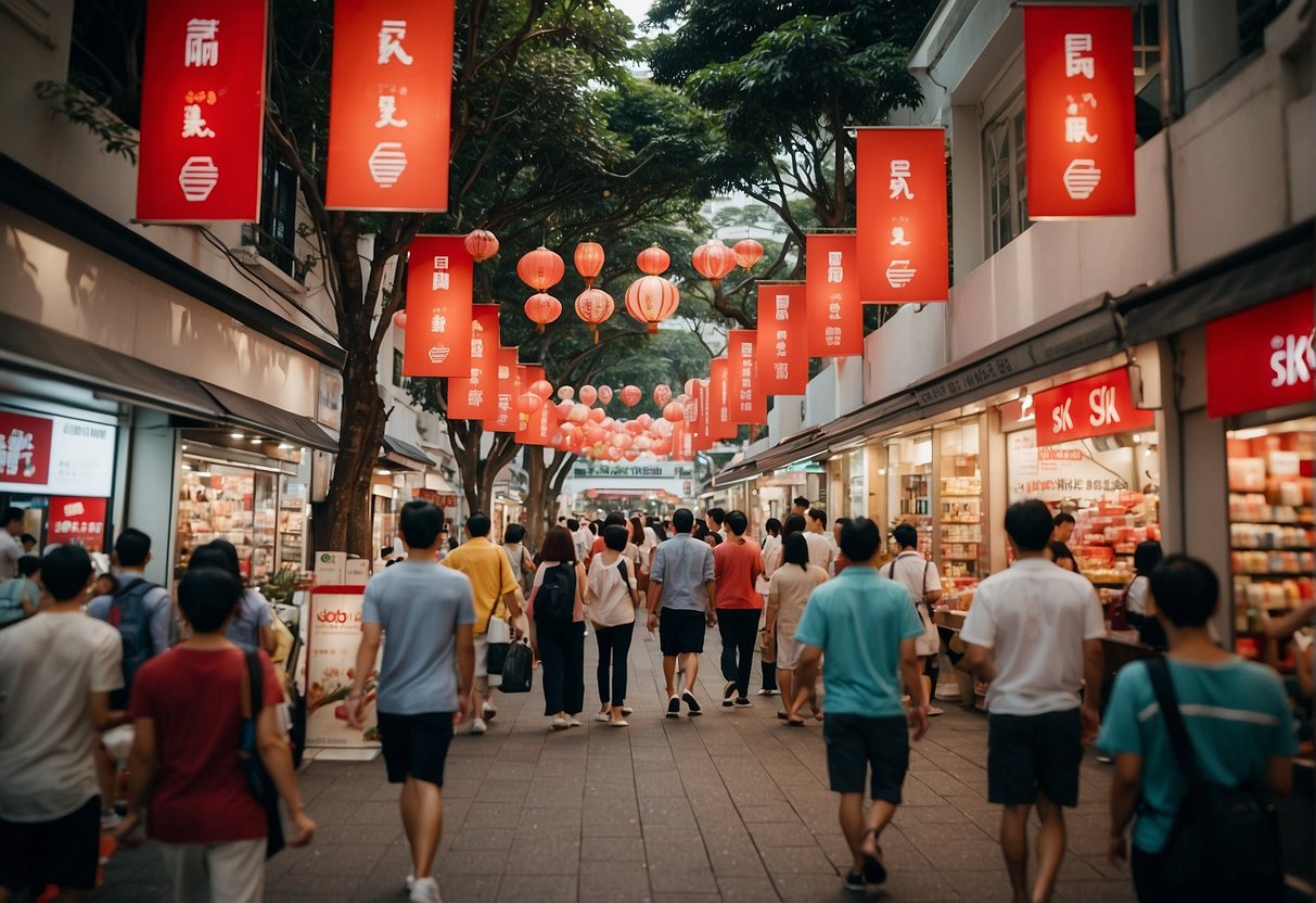 A bustling Singapore street with SK-II promotional banners and excited customers browsing