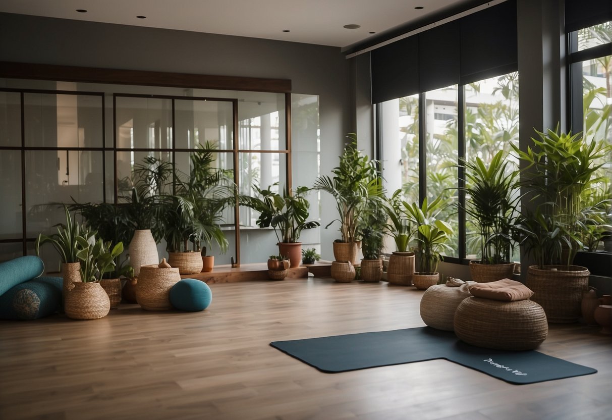 A serene yoga studio with a sign promoting "Frequently Asked Questions" about yoga in Singapore. Peaceful atmosphere with mats and props