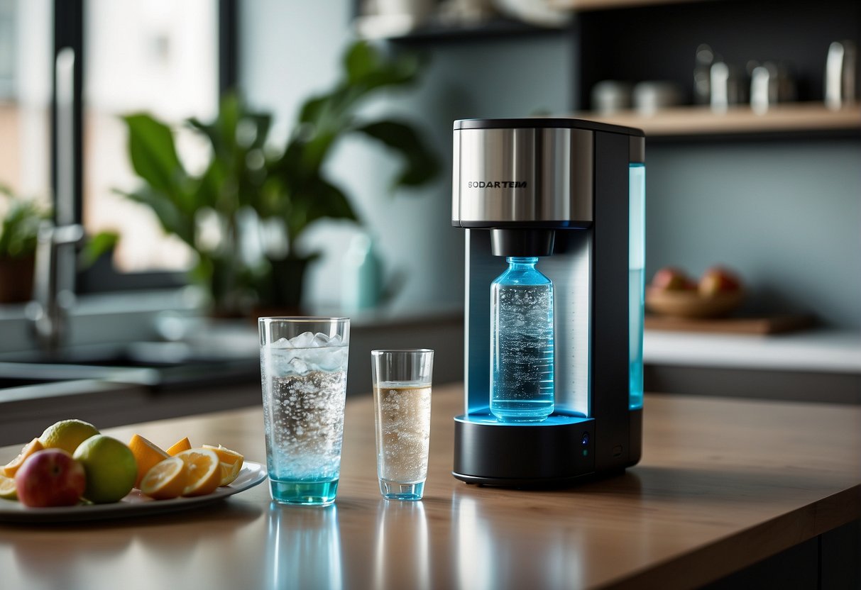 A Sparkling Water Maker sits on a kitchen counter, surrounded by promotional materials for Sodastream in Singapore. Bubbles rise from a freshly carbonated glass of water next to the machine