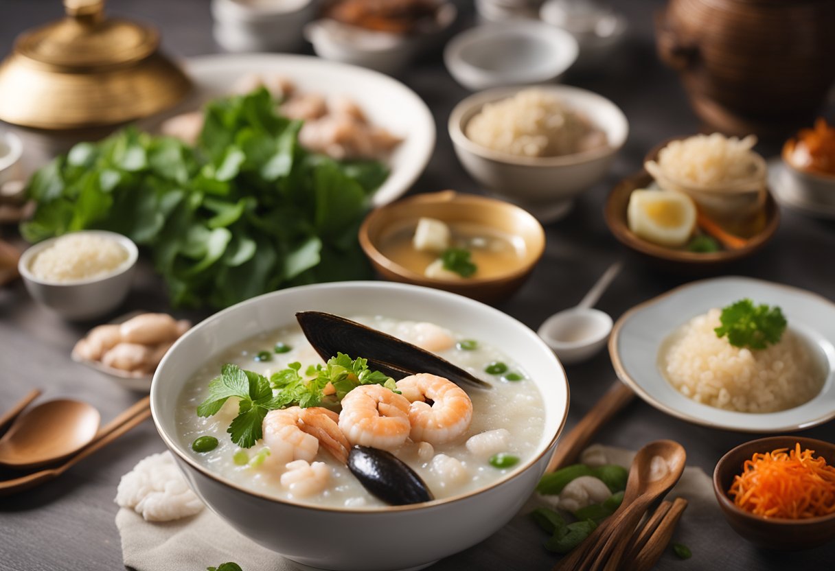 A steaming bowl of Cantonese seafood congee sits on a table, surrounded by traditional Chinese utensils and ingredients, representing the cultural significance and variations of the dish in Singapore