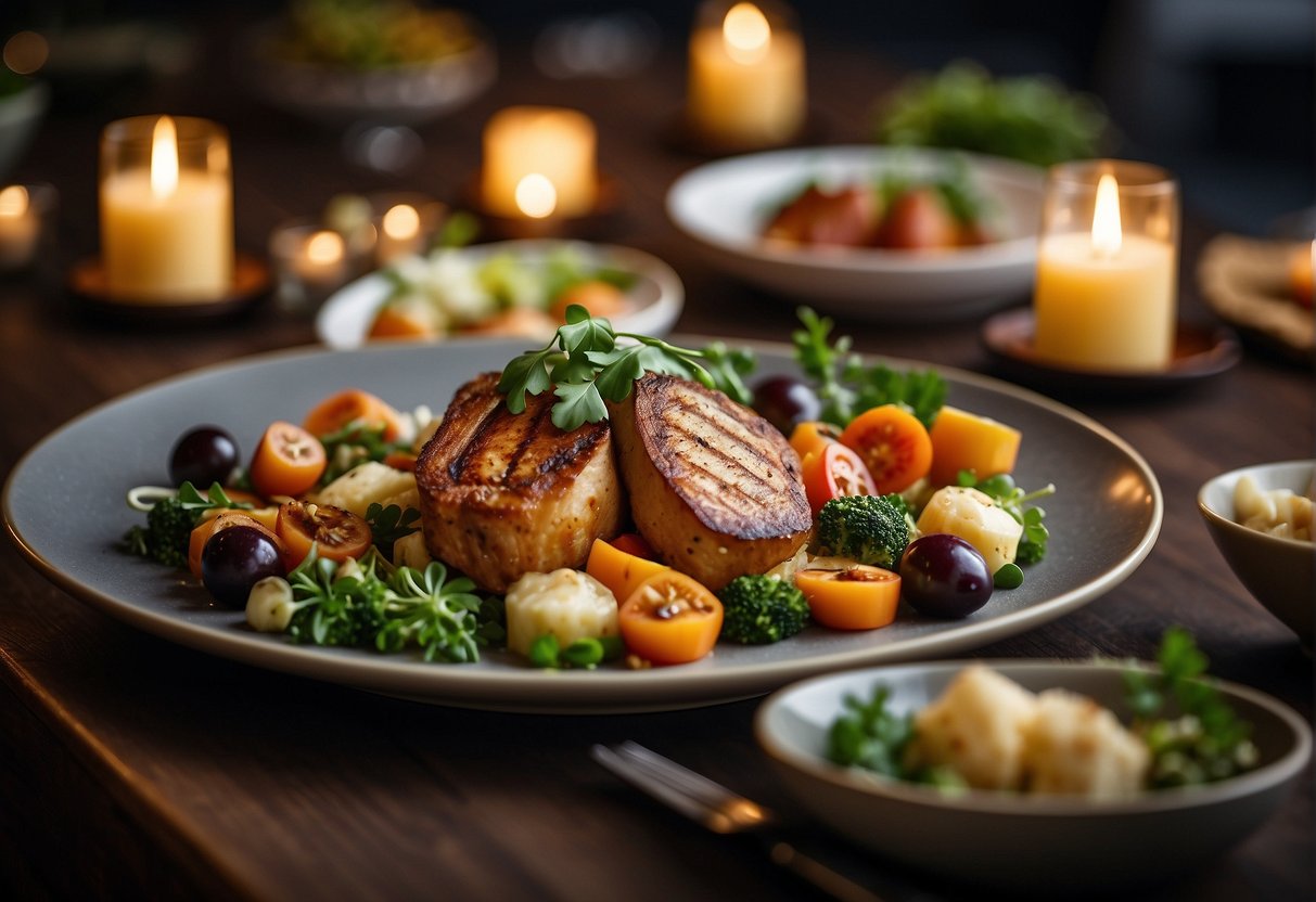 A variety of mouthwatering dishes are displayed on a beautifully set table, surrounded by elegant decor and soft lighting. The ambiance exudes luxury and sophistication, inviting guests to indulge in a culinary experience