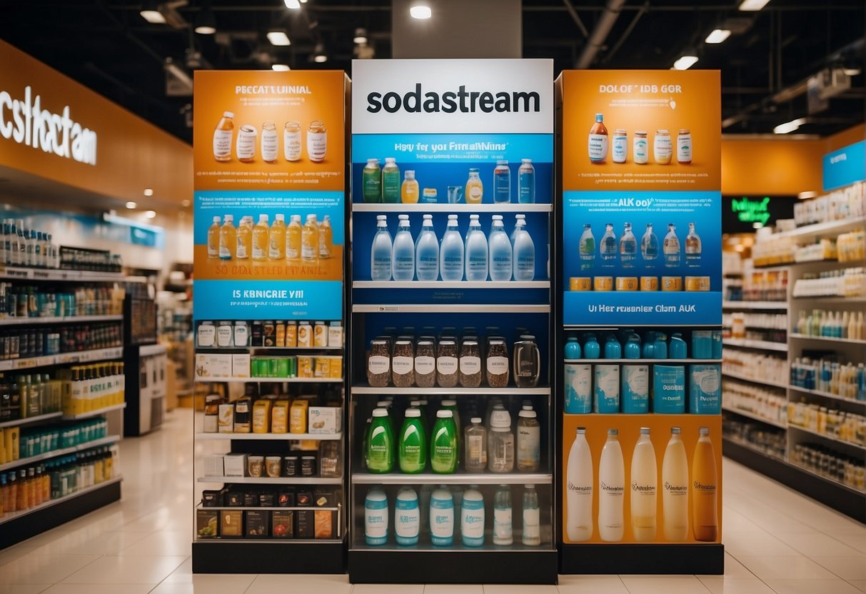 A vibrant display of Sodastream products with promotional signage in a bustling Singaporean store